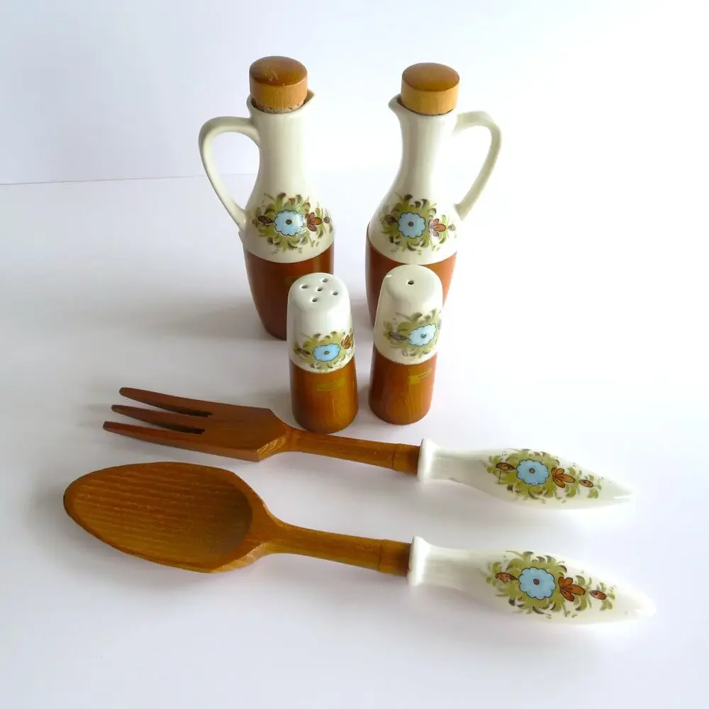 Vintage 6 Pc Salad Set Japan Wood Ceramic Kresge Oil Vinegar Salt Pepper MCM